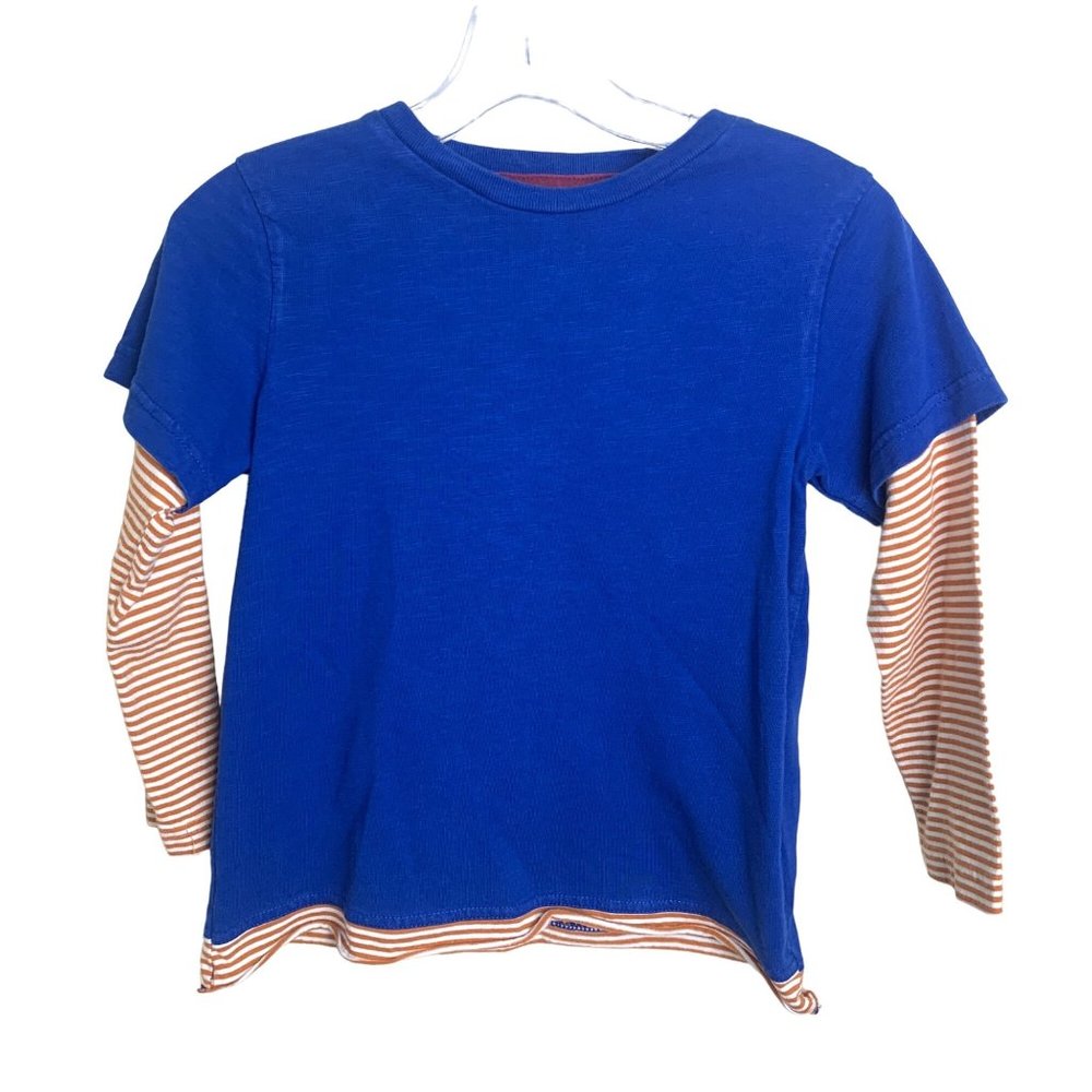 Boden Blue Cotton Faux Layered Stripe Sleeve Tee Shirt Boys Size 4-5